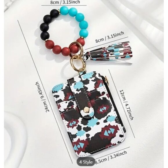 Leopard Print Card Holder Wallet Wristlet With Tassel & Beaded Bracelet Keychain - Picture 2 of 3